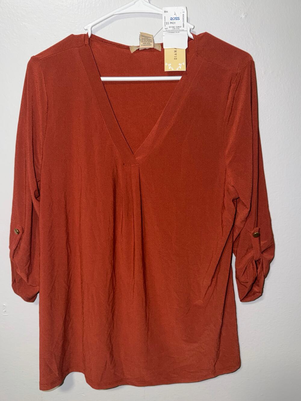 Diana Belle Rust V-Neck Blouse Roll Tab Sleeves Pleated Front